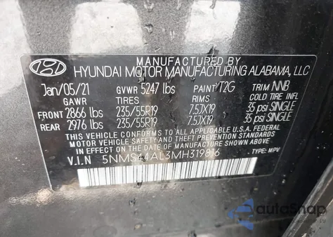 2021 Hyundai Santa Fe Limited from USA, damaged, VIN 5NMS44AL3MH319816